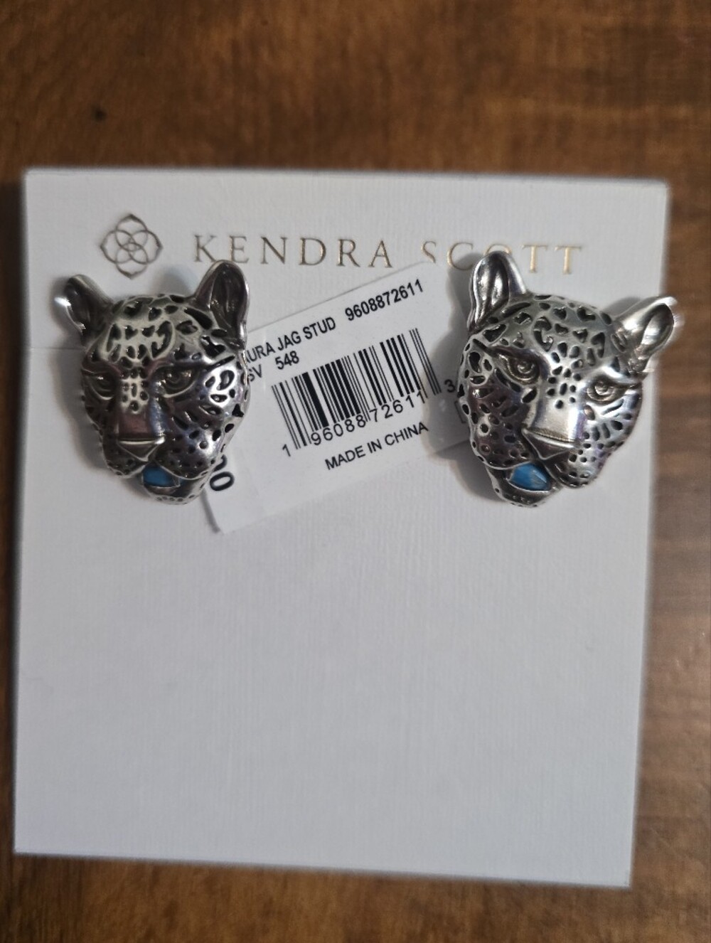 Kendra Scott Silver Leopard Head Earrings with Blue Stone Accent